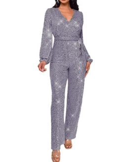 Women's Jumpsuit Lace Up Patchwork Solid Color V Neck Streetwear Party Street Regular Fit Long Sleeve Claret Champagne Gold Silver White S M L Fall -Cheap Plus Fit Dress Store vcokdg1697766349342