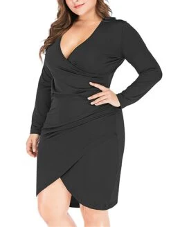 Women‘s Plus Size Curve Work Dress Sheath Dress Semi Formal Dress Fashion Midi Dress Ruched V Neck Long Sleeve Plain Regular Fit Black Wine Blue Fall Winter XL XXL 3XL 4XL 5XL -Cheap Plus Fit Dress Store vcstar1691401445358