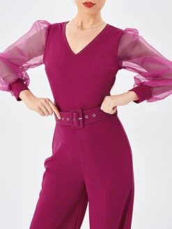 Women's Jumpsuit Mesh High Waist Solid Color V Neck Streetwear Street Daily Regular Fit Long Sleeve Black Fuchsia S M L Fall -Cheap Plus Fit Dress Store vdbzxi1693274265143