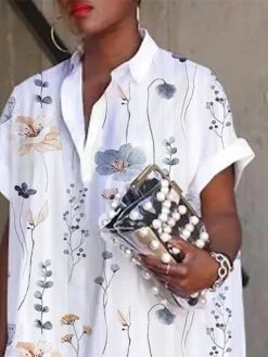 Women's Shirt Dress Casual Dress Cotton Linen Dress Midi Dress Polyester Fashion Casual Outdoor Daily Vacation Shirt Collar Asymmetric Print Short Sleeve Summer Spring 2023 Loose Fit White Floral S M -Cheap Plus Fit Dress Store vdimdt1683024068692