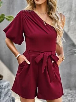 Women's Romper Lace Up Pocket Solid Color One Shoulder Holiday Daily Vacation Regular Fit Short Sleeve Black Pink Wine S M L Summer