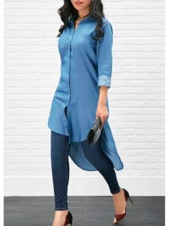 Women's Shirt Blouse Black Blue Plain Button Pocket Long Sleeve Casual Basic Shirt Collar Regular Fit Spring &Fall -Cheap Plus Fit Dress Store vdzluu1693482854466