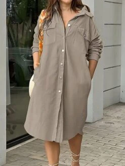 Women's Shirt Dress Casual Dress Shift Dress Midi Dress Outdoor Daily Vacation Polyester Fashion Modern Shirt Collar Button Pocket Long Sleeve Fall Winter 2023 Loose Fit Yellow Blue Khaki Pure Color
