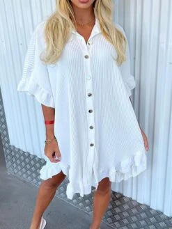 Women's Shirt Dress Casual Dress Mini Dress Outdoor Daily Vacation Polyester Fashion Modern Shirt Collar Ruffle Button Half Sleeve Summer Spring Fall 2023 Regular Fit ArmyGreen Black White Plain S M -Cheap Plus Fit Dress Store vegxyj1689924403375