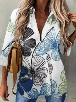 Women's Shirt Blouse Black White Blue Floral Button Print Long Sleeve Casual Holiday Daily Basic Shirt Collar Regular Fit Floral Fall & Winter -Cheap Plus Fit Dress Store vephse1690455757754