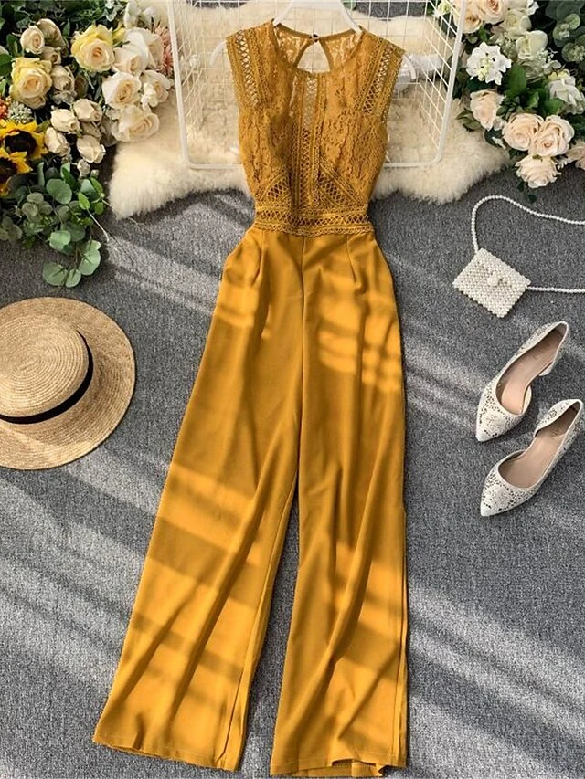 Women's Jumpsuit Lace Backless Solid Color Crew Neck Streetwear Street Going Out Regular Fit Sleeveless Black Yellow Wine One-Size Summer 8 Women's Jumpsuit Lace Backless Solid Color Crew Neck Streetwear Street Going Out Regular Fit Sleeveless Black Yellow Wine One-Size Summer - Image 8