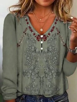 Women's T Shirt Tee Pink Blue Green Floral Button Print Long Sleeve Holiday Weekend Basic V Neck Regular Fit Floral Painting Fall & Winter