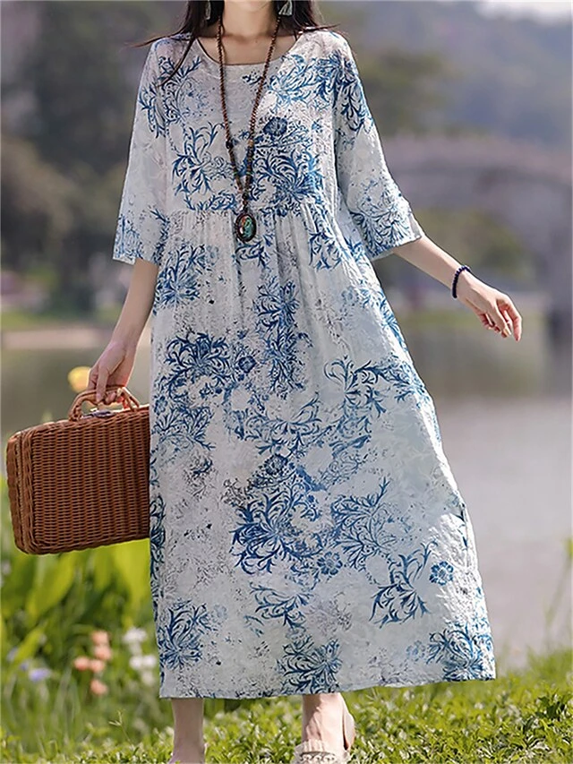 Women's Casual Dress Cotton Linen Dress Swing Dress Midi Dress Linen / Cotton Blend Sweet Style Modern Outdoor Daily Holiday Crew Neck Print 3/4 Length Sleeve Fall Winter Autumn 2023 Loose Fit Light 2 Women's Casual Dress Cotton Linen Dress Swing Dress Midi Dress Linen / Cotton Blend Sweet Style Modern Outdoor Daily Holiday Crew Neck Print 3/4 Length Sleeve Fall Winter Autumn 2023 Loose Fit Light - Image 2