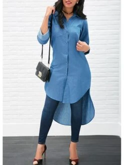 Women's Shirt Blouse Black Blue Plain Button Pocket Long Sleeve Casual Basic Shirt Collar Regular Fit Spring &Fall -Cheap Plus Fit Dress Store vfulvj1693482855022