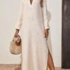 Women's Casual Dress Cotton Linen Dress Maxi Long Dress Linen / Cotton Blend Basic Classic Outdoor Daily Vacation Split Neck Split 3/4 Length Sleeve Summer Spring Fall 2023 Loose Fit Apricot Plain XS