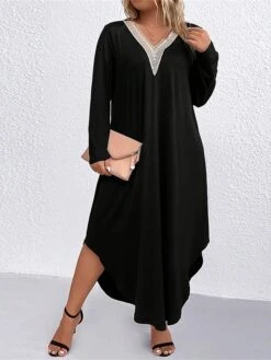 Women's Plus Size Curve Casual Dress Swing Dress Black Dress Color Block Midi Dress Long Sleeve Patchwork Asymmetric V Neck Fashion Outdoor Black Fall Winter XL XXL 3XL -Cheap Plus Fit Dress Store vgcenh1694660806015