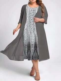 Women's Plus Size Two Piece Dress Set Casual Dress Swing Dress Outdoor Daily Fashion Elegant Print Midi Dress Crew Neck 3/4 Length Sleeve Floral Dandelion Loose Fit Navy Blue Blue Purple Fall Winter -Cheap Plus Fit Dress Store vgfyga1693534942116