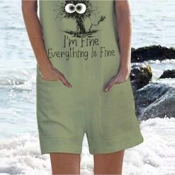 Women's Romper Patch Pocket Letter U Neck Casual Holiday Weekend Straight Regular Fit Strap Green White S M L Spring -Cheap Plus Fit Dress Store vgghct1658308772232