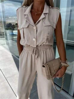 Women's Jumpsuit Button Pocket Solid Color Shirt Collar Streetwear Street Daily Regular Fit Short Sleeve Black White Green S M L Summer -Cheap Plus Fit Dress Store vgisel1688455475307