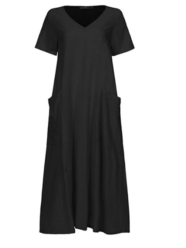 Women's Linen Dress Shift Dress Midi Dress Black Pink Apricot Short Sleeve Pure Color Pocket Summer Spring Fall Crew Neck Basic Loose Fit 2023 M L XL 2XL 3XL 4XL 5XL 9 Women's Linen Dress Shift Dress Midi Dress Black Pink Apricot Short Sleeve Pure Color Pocket Summer Spring Fall Crew Neck Basic Loose Fit 2023 M L XL 2XL 3XL 4XL 5XL - Image 9