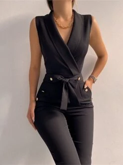 Black Jumpsuit For Women Dressy Pocket High Waist Solid Color V Neck Elegant Party Office Regular Fit Sleeveless Green Blue Red S M L Fall Spring