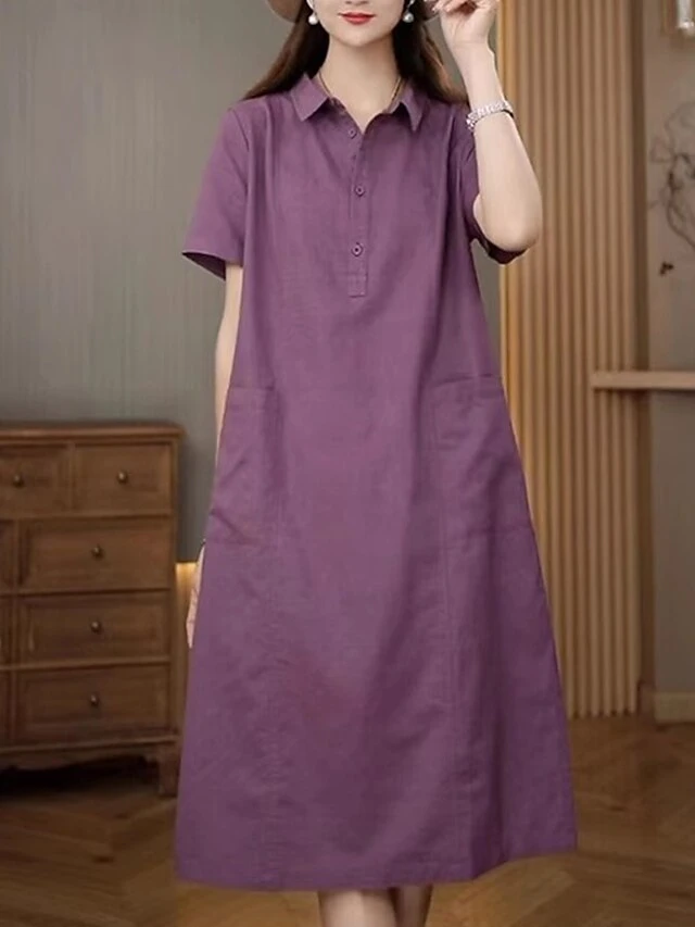 Women's Casual Dress Cotton Linen Dress Midi Dress Polyester Casual Daily Casual Outdoor Home Holiday Shirt Collar Pocket Short Sleeve Summer Spring 2023 Loose Fit Navy Blue Purple Brown Plain M L XL 15 Women's Casual Dress Cotton Linen Dress Midi Dress Polyester Casual Daily Casual Outdoor Home Holiday Shirt Collar Pocket Short Sleeve Summer Spring 2023 Loose Fit Navy Blue Purple Brown Plain M L XL - Image 15