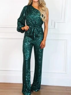 Women's Jumpsuit Lace Up High Waist Solid Color One Shoulder Streetwear Party Street Regular Fit Long Sleeve Lantern Sleeve Silver Black Green XS S M Fall -Cheap Plus Fit Dress Store vhhlvu1697522056136