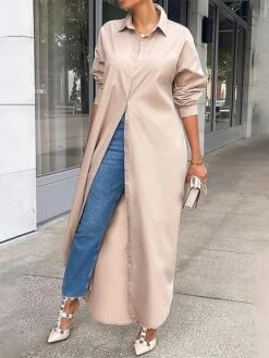 Women's Shirt Dress Casual Dress Midi Dress Outdoor Daily Vacation Polyester Fashion Modern Shirt Collar Split Long Sleeve Fall Winter 2023 Loose Fit Black White Yellow Plain S M L XL XXL -Cheap Plus Fit Dress Store vhljiv1692342896724