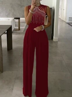 Jumpsuits For Women Dressy Beaded Solid Color Sequin Crew Neck Elegant Xmas Party Evening Christmas Prom Wide Leg Regular Fit Sleeveless Blue Black Wine S M LFall Summer