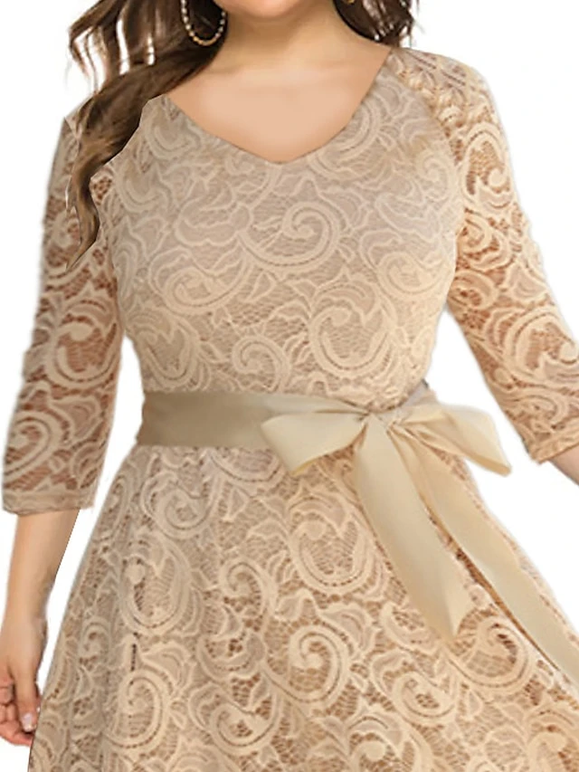 Women‘s Plus Size Curve Flattering Dresses Elegant Apple Shaped Dress Wedding Guest Lace Dress Work Dress A Line Dress Solid Color Midi Dress Sleeve Lace V Neck Fashion Office Khaki Spring Summer 2 Women‘s Plus Size Curve Flattering Dresses Elegant Apple Shaped Dress Wedding Guest Lace Dress Work Dress A Line Dress Solid Color Midi Dress Sleeve Lace V Neck Fashion Office Khaki Spring Summer - Image 2