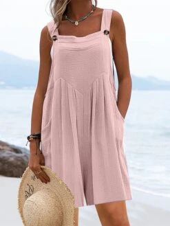 Jumpsuits For Women Summer Overall Bib Pocket Solid Color Square Neck Basic Daily Vacation Regular Fit Sleeveless Black Yellow Pink S M L