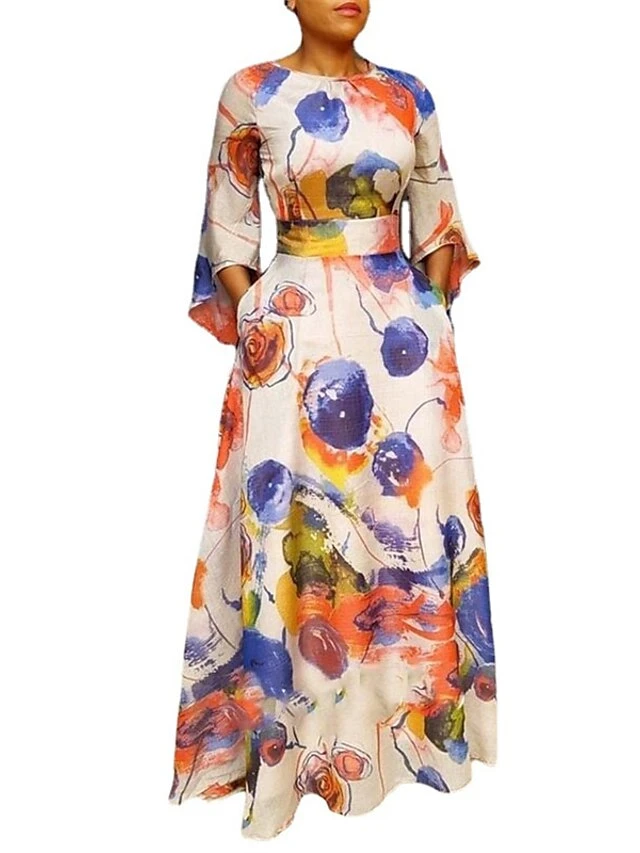 Women‘s Plus Size Curve Holiday Dress Floral Crew Neck Print 3/4 Length Sleeve Fall Spring Elegant Maxi Long Dress Formal Party Dress 3 Women‘s Plus Size Curve Holiday Dress Floral Crew Neck Print 3/4 Length Sleeve Fall Spring Elegant Maxi Long Dress Formal Party Dress - Image 3