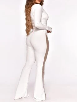 Women's Jumpsuit Mesh Sequin Color Block V Neck Casual Party Work See Through Regular Fit Long Sleeve White Black S M L Fall -Cheap Plus Fit Dress Store vkapue1647593961327