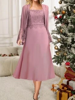 Women's Two Piece Dress Set Party Dress Lace Dress Party Outdoor Fashion Streetwear Lace Patchwork Midi Dress Crew Neck Long Sleeve Plain Regular Fit Purple Fall Winter S M L XL XXL