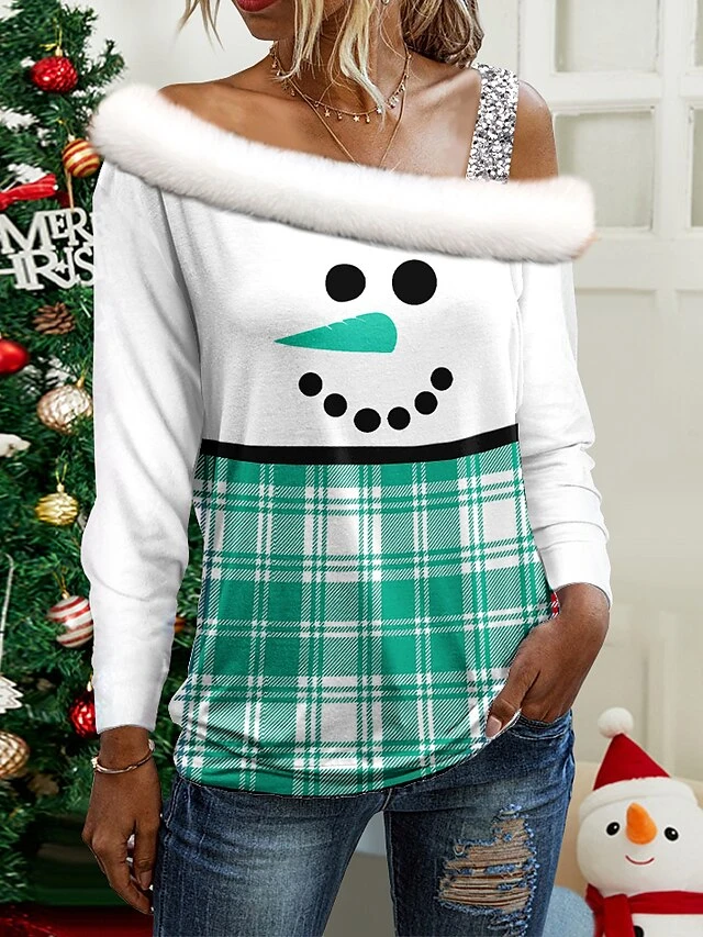 Women's Blouse Christmas Shirt Pink Red Blue Plaid Snowman Print Long Sleeve Christmas Casual Festival / Holiday Fur Collar Regular Fit Spring &Fall 3 Women's Blouse Christmas Shirt Pink Red Blue Plaid Snowman Print Long Sleeve Christmas Casual Festival / Holiday Fur Collar Regular Fit Spring &Fall - Image 3