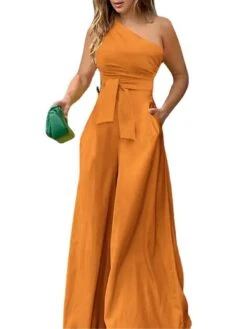 Women's Jumpsuit For Special Occasions Pocket High Waist Solid Color One Shoulder Streetwear Party Office Regular Fit Sleeveless Black Yellow Red S M L Summer -Cheap Plus Fit Dress Store vkudrf1679396955737