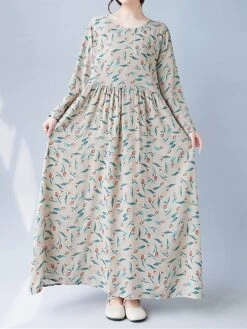 Women's Casual Dress Linen Dress Swing Dress Maxi Long Dress Linen Fashion Modern Outdoor Daily Holiday Crew Neck Print Long Sleeve Fall Winter Autumn 2023 Loose Fit Apricot Flower L XL 2XL -Cheap Plus Fit Dress Store vkzgnb1693553163768