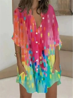 Women's Shirt Dress Casual Dress Shift Dress Mini Dress Outdoor Daily Vacation Polyester Fashion Casual Stand Collar Button Pocket Long Sleeve Summer Spring Fall 2023 Regular Fit Red Blue Floral