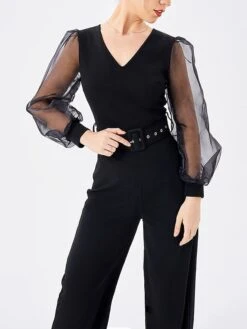 Women's Jumpsuit Mesh High Waist Solid Color V Neck Streetwear Street Daily Regular Fit Long Sleeve Black Fuchsia S M L Fall -Cheap Plus Fit Dress Store vlhgmb1693274258378