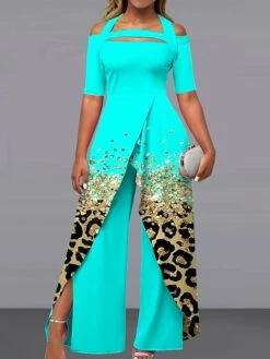 Women's Jumpsuit Print Leopard Off Shoulder Elegant Wedding Party Wide Leg Regular Fit Short Sleeve Black Light Green Royal Blue S M L Summer