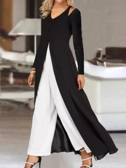 Women's Jumpsuit Solid Color V Neck Elegant Wedding Party Wide Leg Regular Fit Long Sleeve Black S M L All Seasons
