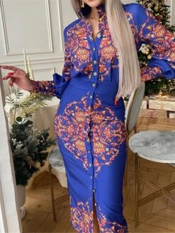 Women's Shirt Dress Casual Dress Bodycon Midi Dress Outdoor Office Daily Polyester Fashion Romantic Stand Collar Button Print Long Sleeve Summer Spring Fall 2023 Slim Blue Khaki Floral S M L XL 2XL -Cheap Plus Fit Dress Store vlvwni1689227624608