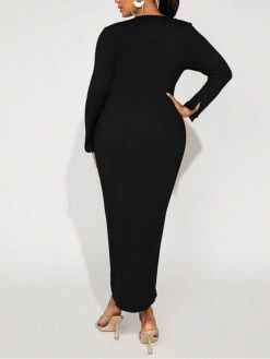 Women's Plus Size Party Dress Cocktail Dress Bodycon Midi Dress Black Long Sleeve Pure Color Split Fall Winter Autumn V Neck Fashion Winter Dress Vacation Fall Dress 2023 XL XXL 3XL -Cheap Plus Fit Dress Store vmsnjd1693298497574