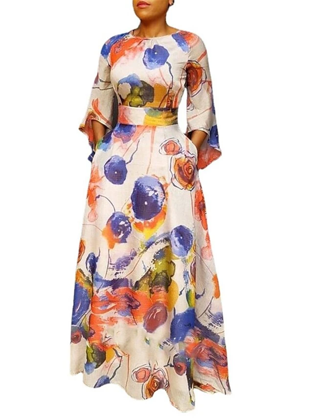 Women‘s Plus Size Curve Holiday Dress Floral Crew Neck Print 3/4 Length Sleeve Fall Spring Elegant Maxi Long Dress Formal Party Dress 4 Women‘s Plus Size Curve Holiday Dress Floral Crew Neck Print 3/4 Length Sleeve Fall Spring Elegant Maxi Long Dress Formal Party Dress - Image 4