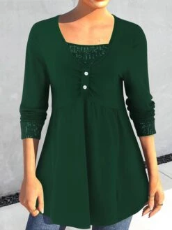 Women's Shirt Blouse Black Pink Wine Plain Sparkly Sequins Long Sleeve Casual Basic Square Neck Regular Fit Spring &Fall