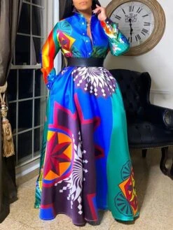 Women‘s Plus Size Curve Party Dress Swing Dress Graphic Long Dress Maxi Dress Long Sleeve Pocket Print Crew Neck Modern Party Blue Fall Spring L XL XXL 3XL 4XL -Cheap Plus Fit Dress Store vnevgy1672986053281