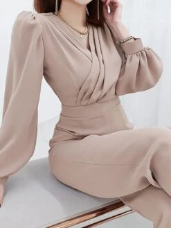 Women's Jumpsuit Patchwork Solid Color V Neck Streetwear Office Work Wide Leg Regular Fit Long Sleeve Black Khaki S M L Fall 7 Women's Jumpsuit Patchwork Solid Color V Neck Streetwear Office Work Wide Leg Regular Fit Long Sleeve Black Khaki S M L Fall -Cheap Plus Fit Dress Store vniyin1692615953196