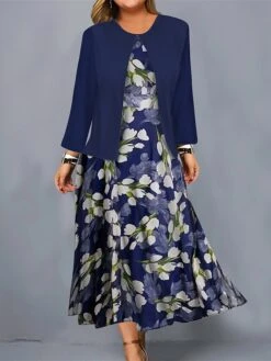 Women's Plus Size Curve Casual Dress Dress Set Two Piece Dress Floral Midi Dress Long Sleeve Print Crew Neck Mature Outdoor Black Navy Blue Fall Winter L XL XXL 3XL 4XL -Cheap Plus Fit Dress Store vnotkx1695364293947