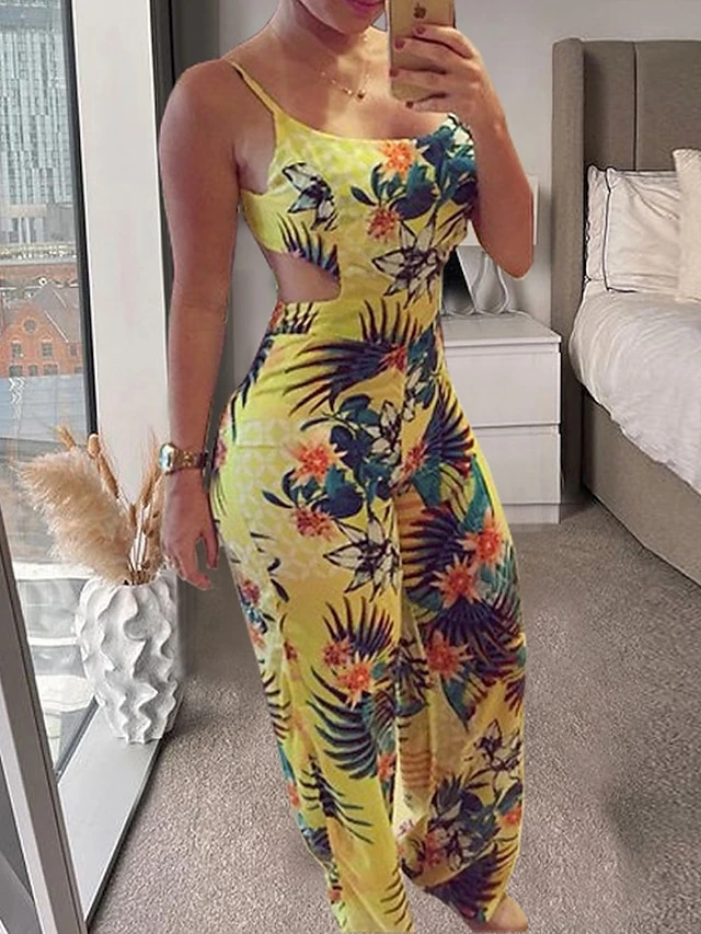 Women's Jumpsuit Backless Print Floral Round Neck Streetwear Street Daily Regular Fit Sleeveless Yellow S M L Summer 1 Women's Jumpsuit Backless Print Floral Round Neck Streetwear Street Daily Regular Fit Sleeveless Yellow S M L Summer
