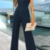 Women's Jumpsuit High Waist Solid Color V Neck Elegant Wedding Party Regular Fit Sleeveless Navy Blue S M L Summer