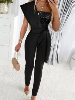 Jumpsuits For Women Dressy High Waist Sequin Gradient One Shoulder Elegant Party Bar Regular Fit Short Sleeve Black Blue Gold S M L Spring Fall Summer -Cheap Plus Fit Dress Store vojhco1668759468270
