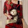 Women's Blouse Christmas Shirt Black White Red Plaid Cat Asymmetric Print Long Sleeve Party Christmas Casual Festival / Holiday One Shoulder Regular Fit Spring &Fall