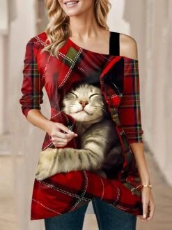 Women's Blouse Christmas Shirt Black White Red Plaid Cat Asymmetric Print Long Sleeve Party Christmas Casual Festival / Holiday One Shoulder Regular Fit Spring &Fall