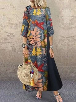 Women's Casual Dress Cotton Dress Black Dress Maxi Long Dress Cotton Blend Basic Modern Outdoor Daily Vacation Crew Neck Print Half Sleeve Summer Spring 2023 Loose Fit Black Yellow Red Flower M L XL -Cheap Plus Fit Dress Store vpiebw1683796338590