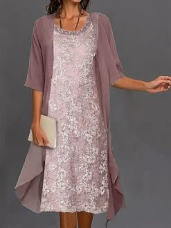 Women's Two Piece Dress Set Lace Dress Work Dress Office Wedding Guest Fashion Work Lace Midi Dress Crew Neck 3/4 Length Sleeve Floral Loose Fit Pink Fall Winter S M L XL XXL